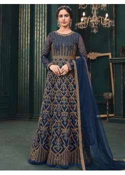 Navy Blue Net Satin Anarkali Gown